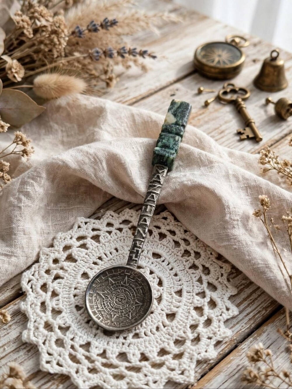 Vintage Mid-Century Mexico Aztec Calendar Souvenir Spoon Green Stone Handle